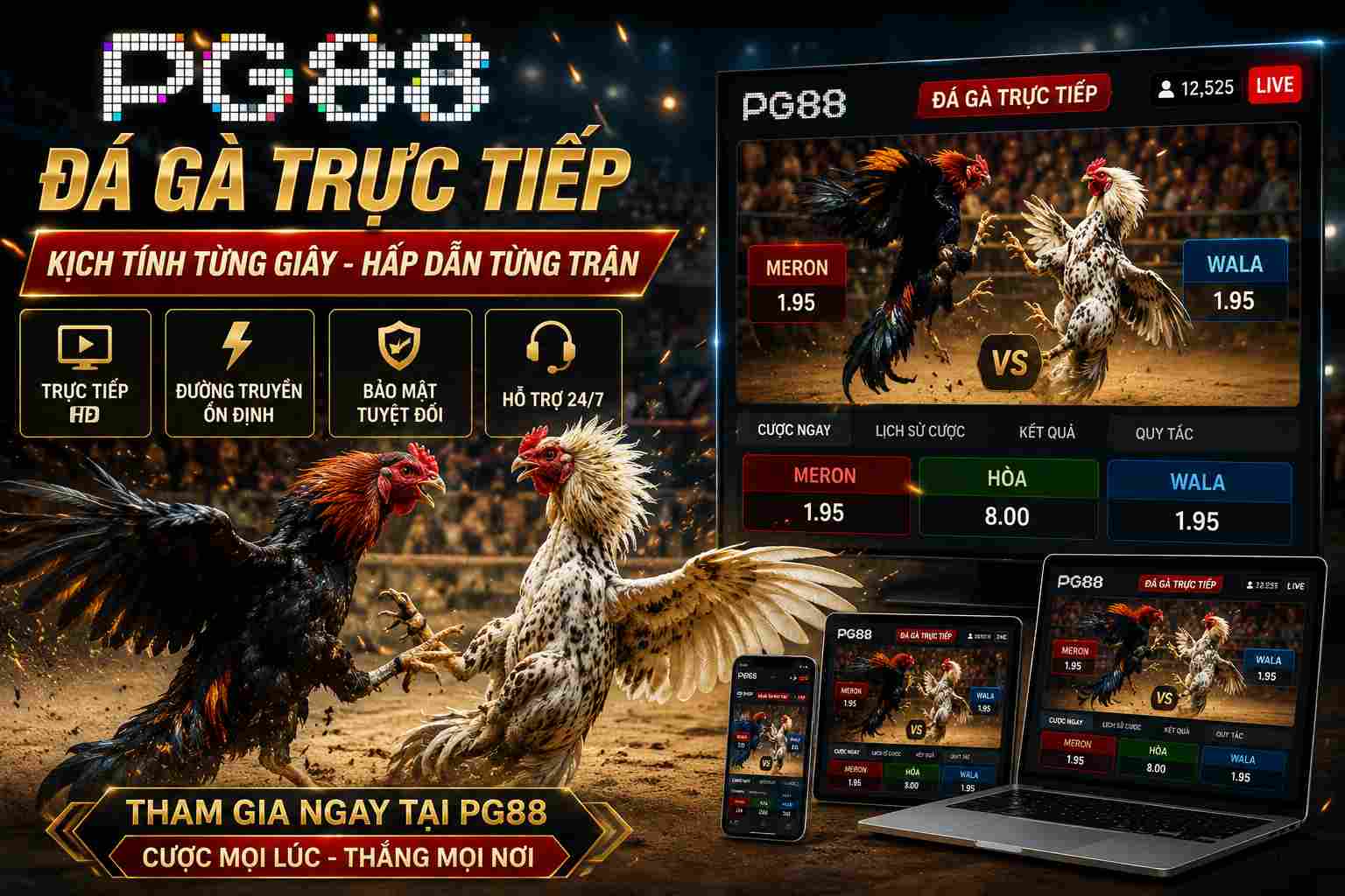 Đá gà PG88 thu hút người chơi với những trận đấu trực tiếp đầy kịch tính.